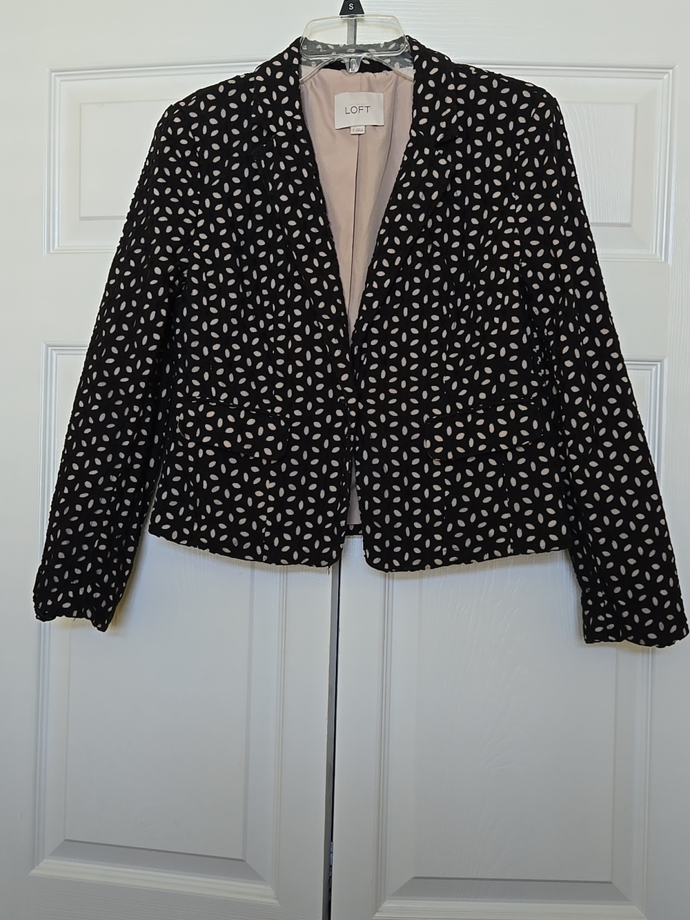 LOFT Cropped Black Blazer with Cream Cutout Floral Pattern